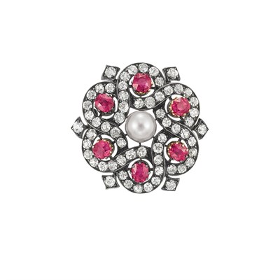 Lot 510 - Antique Pearl, Ruby and Diamond Brooch