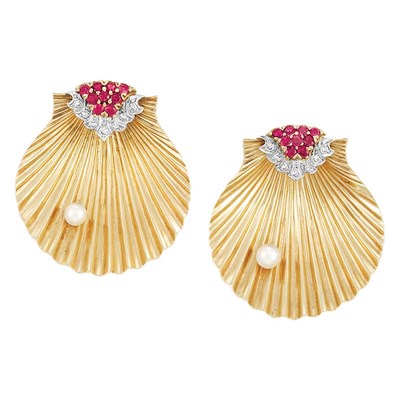 Lot 465 - Pair of Gold, Platinum, Ruby, Diamond and Cultured Pearl Shell Clips, Cartier