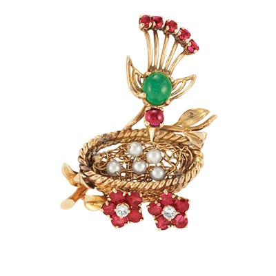 Lot 111 - Gold, Ruby, Cultured Pearl, Diamond and Cabochon Emerald Clip-Brooch