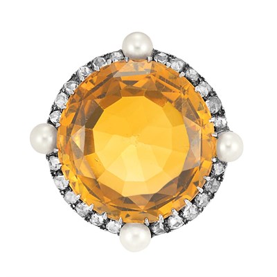 Lot 517 - Antique Citrine, Pearl and Diamond Brooch