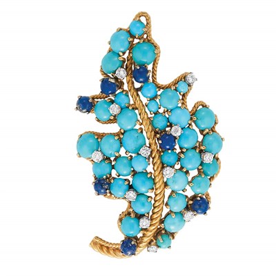 Lot 470 - Gold, Turquoise, Lapis and Diamond Leaf Brooch