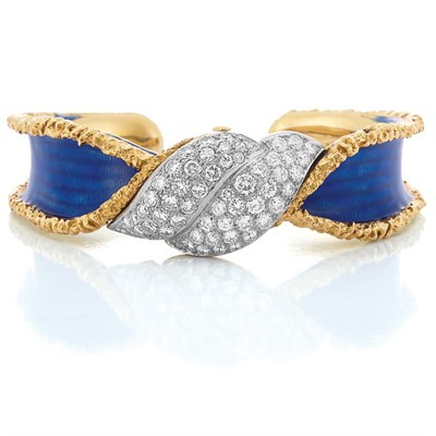 Lot 460 - Gold, Platinum, Blue Enamel and Diamond Bangle Bracelet, Boucheron