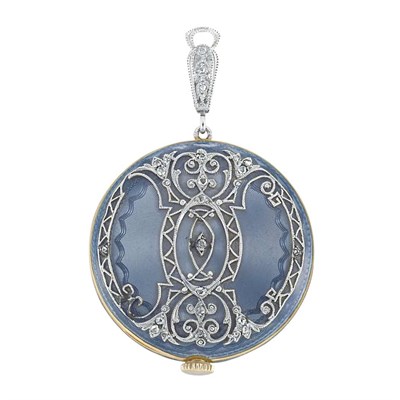Lot 278 - Edwardian Platinum, Gold, Blue Guilloche Enamel and Diamond Pendant-Watch, Tiffany & Co.