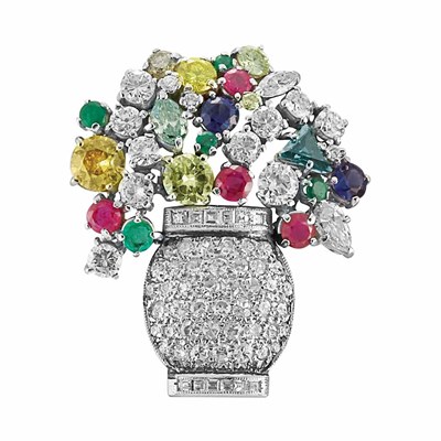 Lot 53 - Diamond, Treated Colored Diamond and Gem-Set Bouquet Brooch