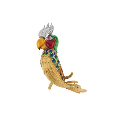 Lot 373 - Gold, Diamond, Enamel and Ruby Parrot Clip-Brooch