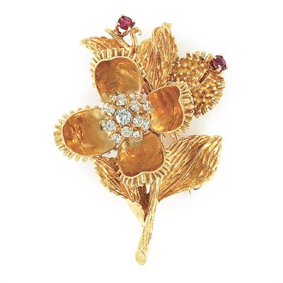 Lot 598 - Gold, Diamond and Ruby Flower Brooch, Tiffany & Co.