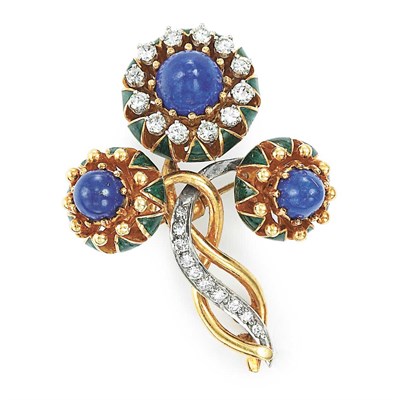 Lot 137 - Gold, Lapis, Diamond and Enamel Flower Brooch