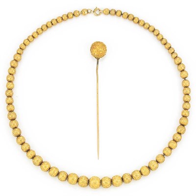 Lot 508 - Etruscan Revival Gold Bead Necklace and Stickpin