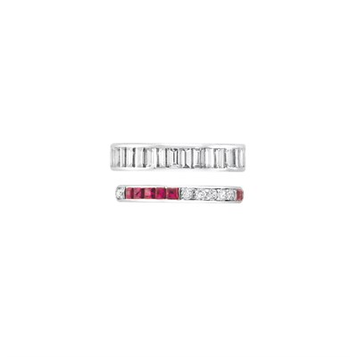 Lot 49 - Platinum and Diamond Band Ring and Diamond and Ruby Guard Ring