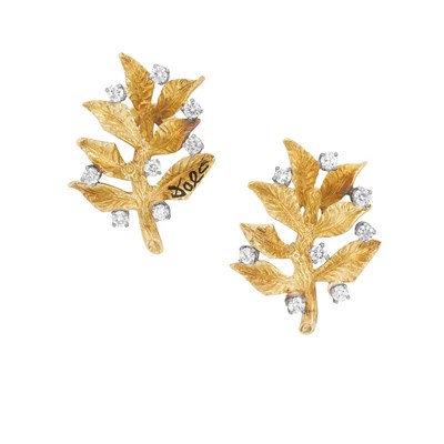 Lot 480 - Pair of Gold, Platinum and Diamond Leaf Earclips, Dali
