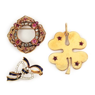 Lot 296 - Two Gold, Enamel, Diamond and Ruby Brooches and Four Leaf Clover Pendant