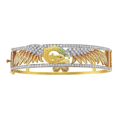 Lot 163 - Gold, Plique-a-Jour Enamel, Enamel and Diamond Bangle Bracelet, Masriera