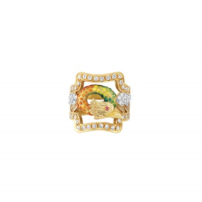 Lot 164 - Gold, Plique-a-Jour Enamel, Enamel and Diamond Ring, Masriera