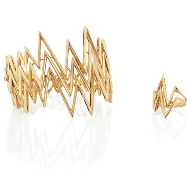 Lot 400 - Gold Cuff Bangle Bracelet and Ring, Henry Dunay