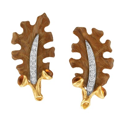 Lot 245 - Pair of Gold, Carved Wood, Diamond and Cabochon Citrine Leaf Earclips