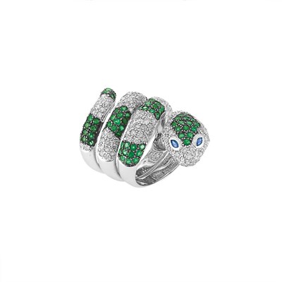 Lot 157 - White Gold, Diamond and Emerald Snake Ring