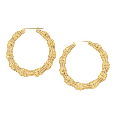 Lot 406 - Pair of Gold and Diamond Bamboo Hoop Earrings