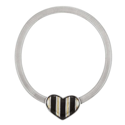 Lot 4 - Sterling Silver, Gold and Black Onyx Snake Chain Heart Necklace, Cartier