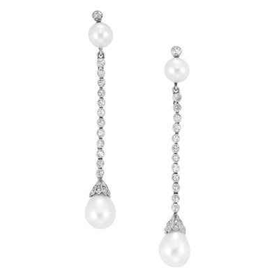 Lot 525 - Pair of Edwardian Platinum, Natural Pearl and Diamond Pendant-Earrings