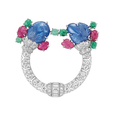 Lot 549 - Art Deco Diamond and Carved Colored Stone Tutti Frutti Brooch
