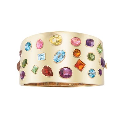 Lot 188 - Gold and Multicolored Gem-Set Cuff Bangle Bracelet