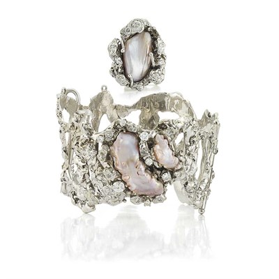 Lot 475 - Nugget White Gold, Freshwater Pearl and Diamond Bangle Bracelet and Ring, Arthur King