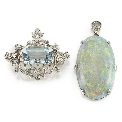 Lot 694 - Opal and Diamond Pendant and Aquamarine and Diamond Pin
