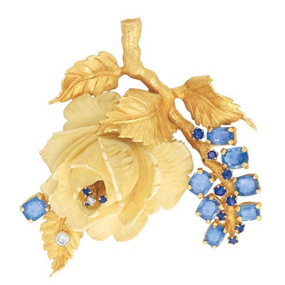 Lot 482 - Gold, Carved Bone, Sapphire and Diamond Rose Clip-Brooch