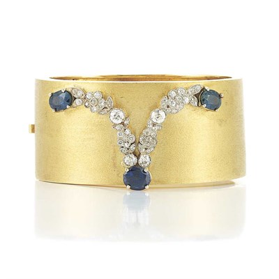 Lot 707 - Gold, Platinum, Diamond and Sapphire Cuff Bangle Bracelet