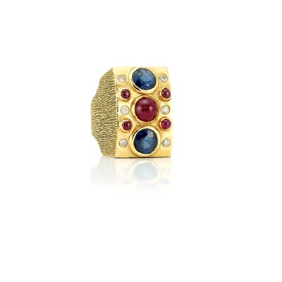 Lot 795 - Gold, Sapphire, Cabochon Ruby and Diamond Ring