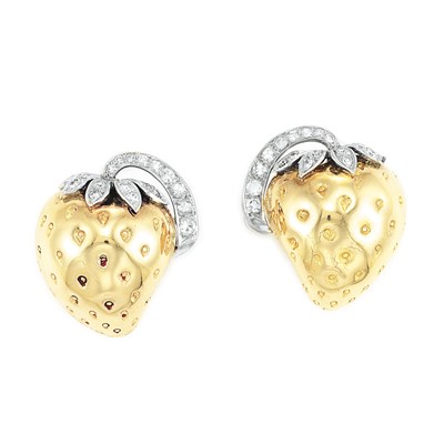 Lot 131 - Pair of Rose Gold, Platinum and Diamond Strawberry Earclips