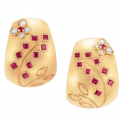 Lot 474 - Pair of Gold, Ruby and Diamond Hoop Earrings, Van Cleef & Arpels