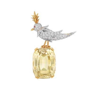 Lot 491 - Gold, Platinum, Diamond and Citrine Bird on a Rock Brooch, Tiffany & Co., Schlumberger