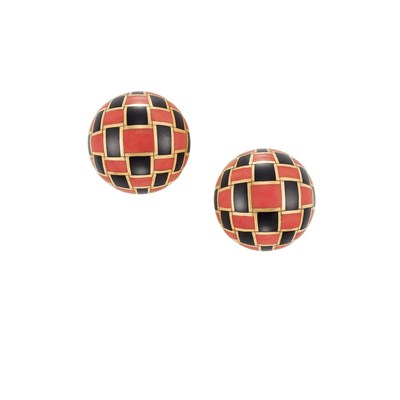 Lot 362 - Pair of Gold, Coral and Black Onyx Earclips, Tiffany & Co.