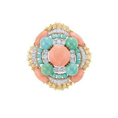 Lot 410 - Gold, Platinum, Coral, Turquoise and Diamond Clip-Brooch, David Webb