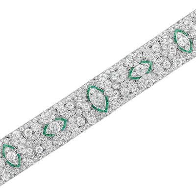 Lot 546 - Art Deco Platinum, Diamond and Emerald Bracelet