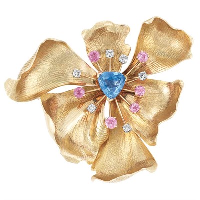 Lot 483 - Gold, Aquamarine, Pink Sapphire and Diamond Dogwood Flower Clip-Brooch, Verdura