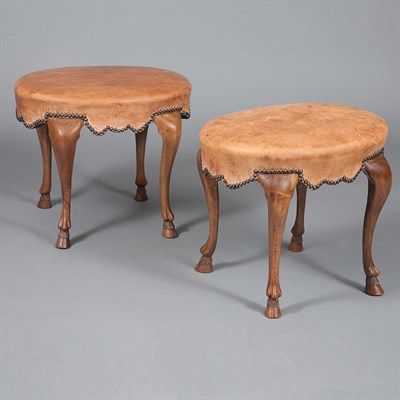 Lot 418 - Pair of Leather Upholstered Walnut Stools...