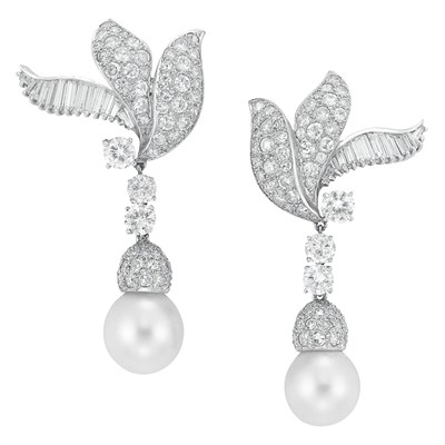 Lot 442 - Pair of Platinum, Diamond and Cultured Pearl Pendant-Earclips