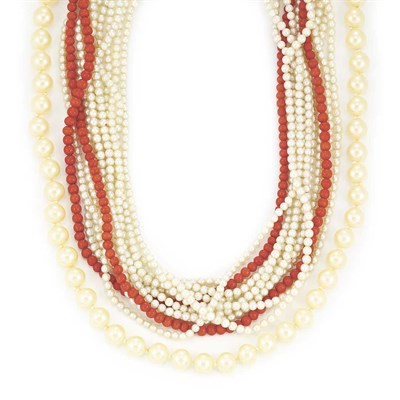 Lot 375 - Multistrand Coral and Cultured Pearl Necklace and Imitation Pearl Necklace