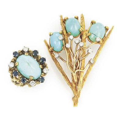 Lot 825 - Gold, Diamond and Turquoise Brooch and Ring