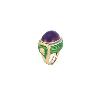 Lot 395 - Gold, Platinum, Cabochon Amethyst, Green Enamel and Diamond Ring, David Webb
