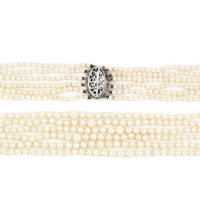 Lot 870 - Six Strand Cultured Pearl Necklace with White Gold Clasp