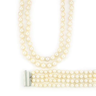 Lot 553 - Two Cultured Pearl Necklaces and Four Strand Cultured Pearl Bracelet
