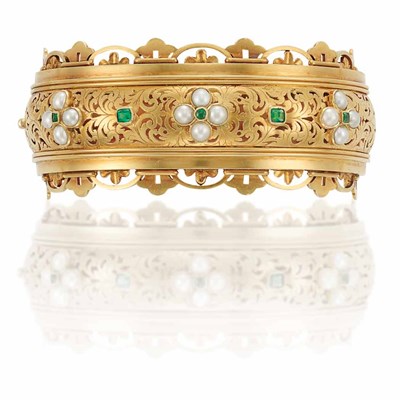 Lot 341 - Antique Gold, Emerald and Split Pearl Cuff Bangle Bracelet