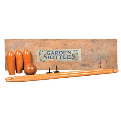 Lot 270 - Turned Wood Garden Skittles Game In a wood box.