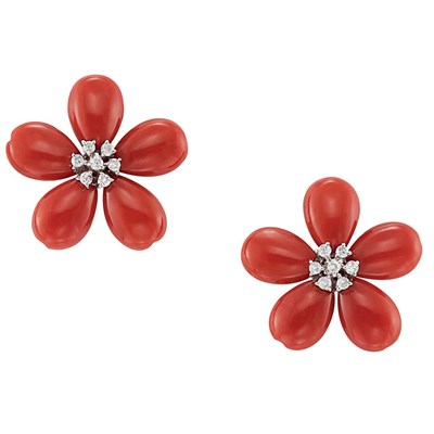 Lot 253 - Pair of Oxblood Coral and Diamond Flower Earrings