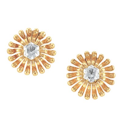 Lot 187 - Pair of Gold and Aquamarine Flower Earclips, Tiffany & Co.