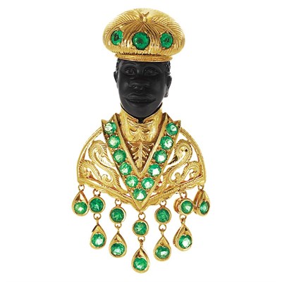 Lot 169 - Gold and Emerald Blackamoor Fringe Clip-Brooch