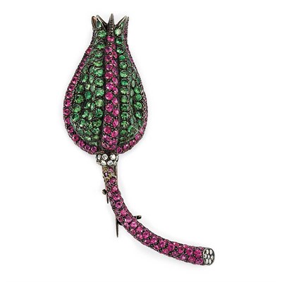 Lot 620 - Green Garnet, Pink Sapphire and Diamond Tulip Brooch